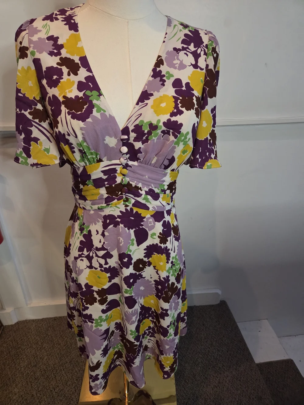 Floral V-Neck A-Line Dress in Purple and Yellow Sz 2